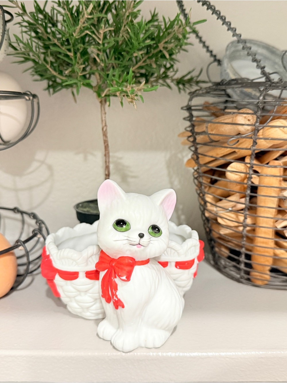 Vintage Lefton Cat Planter with Red Bow Hand Painted
